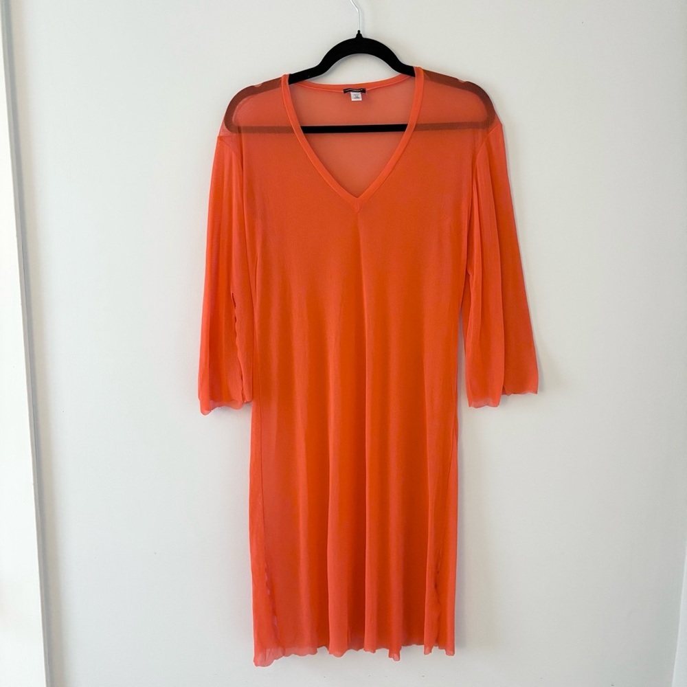 Cosabella Swim Cover Up Long-Sleeve Scallop Hem Sheer Mini Dress Made in Italy